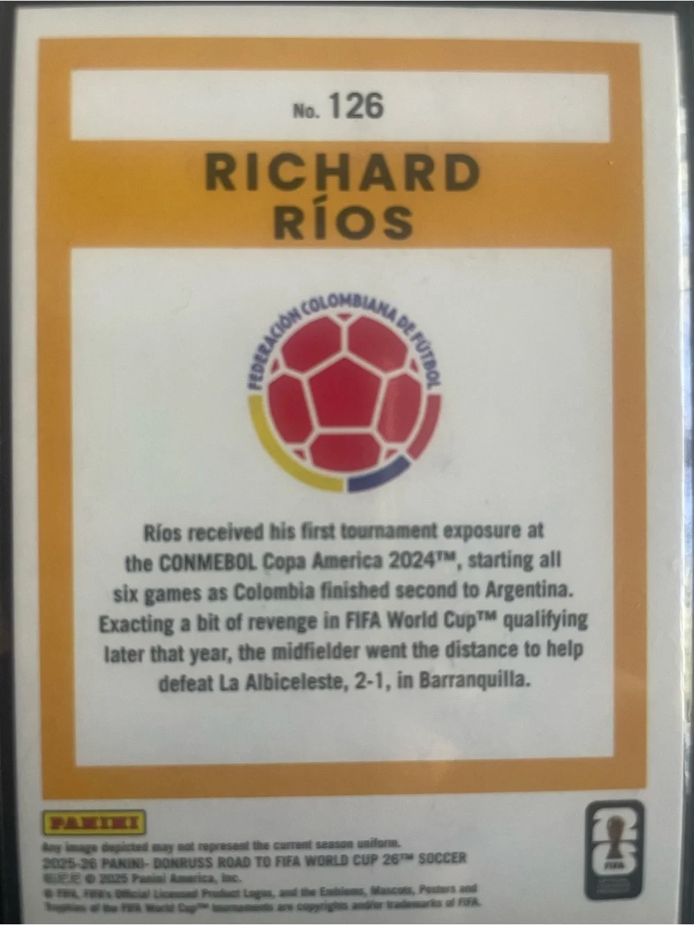 Richard Ríos Panini Donruss 2025-26 Road To FIFA World Cup 26 Colombia /50 Card - Picture 8 of 9